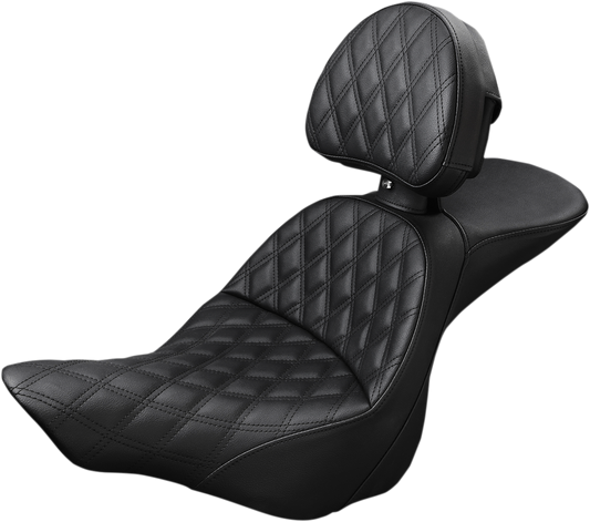 Bill's Exhausts Saddlemen Explorer Seat with lattice stitching and backrest for FXSB motorcycle, showcasing detailed seat design.