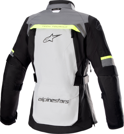 Alpinestars Stella Bogota Drystar jacket in gray and white, 2XL, featuring protective armor and waterproof fabric for motorcycle riding.