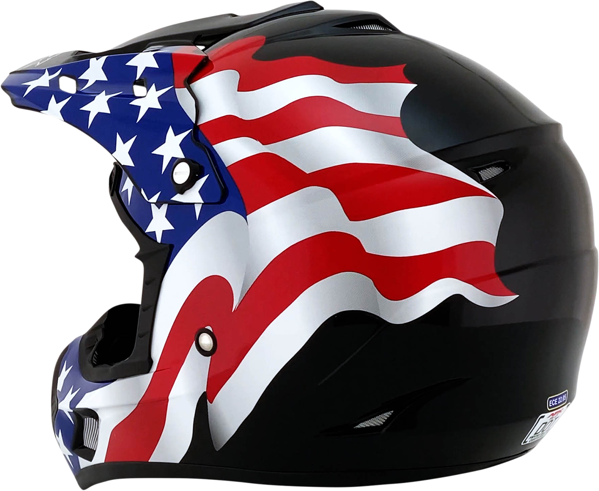Black AFX FX-17 helmet with flag design, size 4XL, featuring a sleek helmet shape with clear visor and ventilation vents.