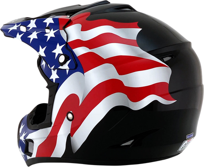 Black AFX FX-17 helmet with flag design, size 4XL, featuring a sleek helmet shape with clear visor and ventilation vents.