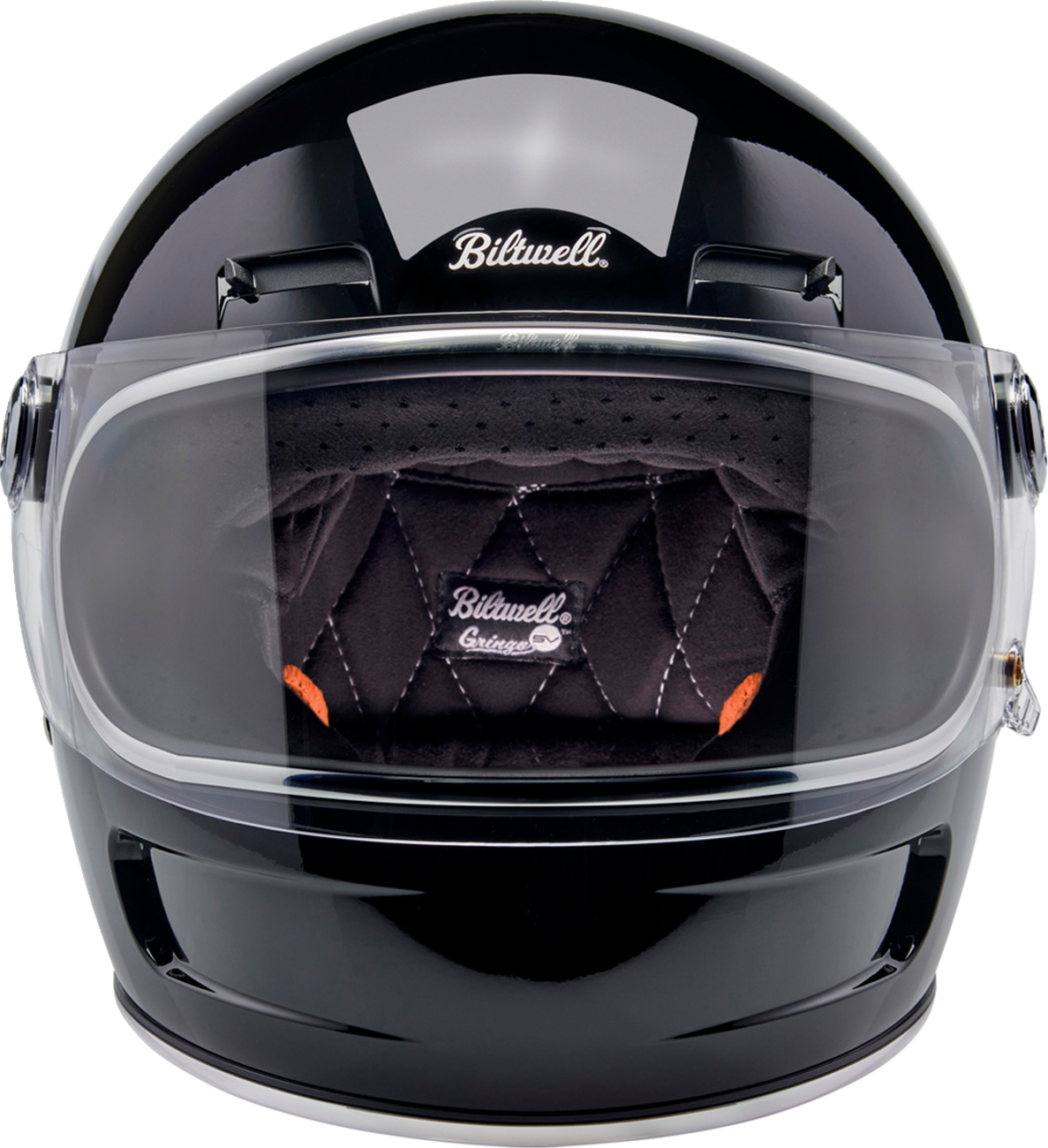 Gloss black BILTWELL Gringo SV motorcycle helmet with XS size, featuring a sleek, shiny finish and safety visor.