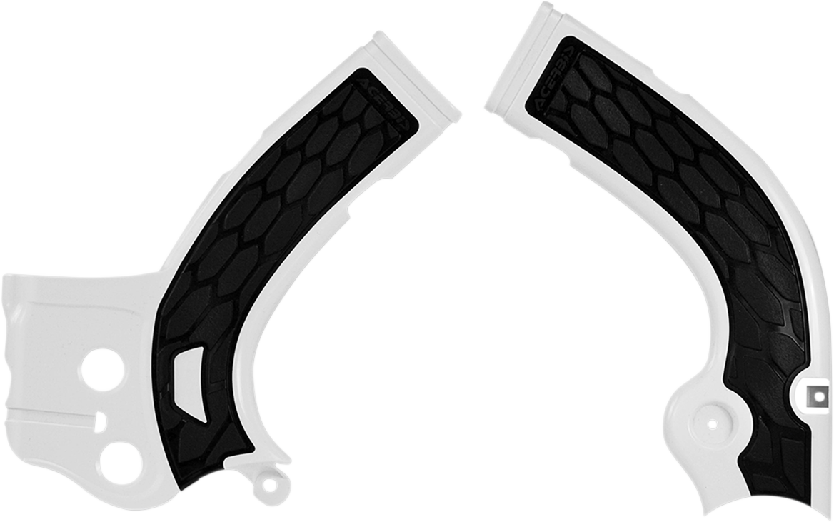 Acerbis X-Grip frame guards in silver and black for motorcycle protection, shown installed on a bike frame.