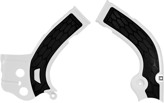 Acerbis X-Grip frame guards in silver and black for motorcycle protection, shown installed on a bike frame.