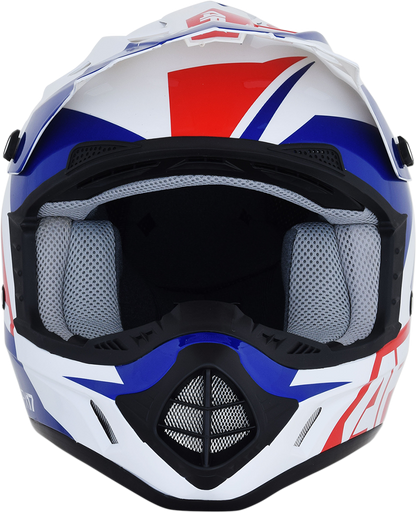 Red, white, and blue AFX FX-17 helmet in medium size featuring aerodynamic design and clear visor, by Bill's Exhausts.