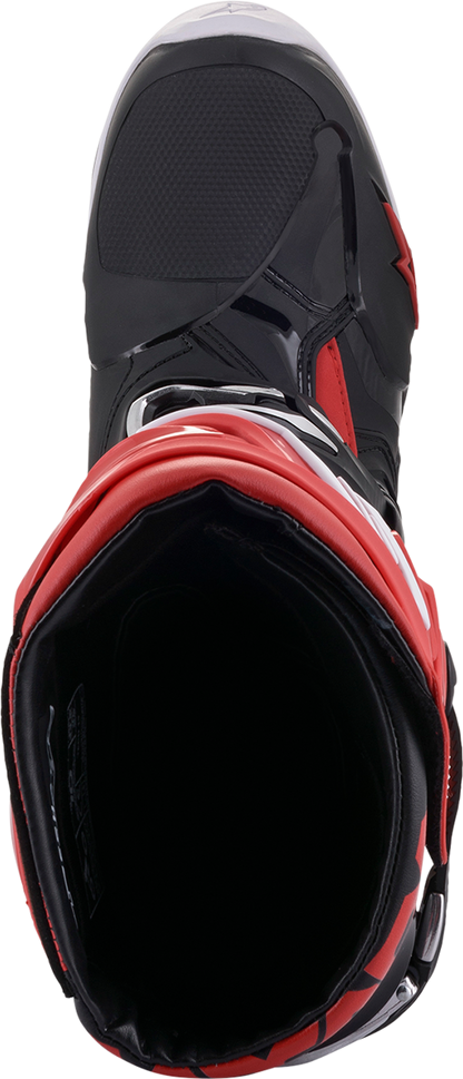 Alpinestars Tech 10 motorcycle boots in black and red, US size 13, featuring rugged design and protective features.