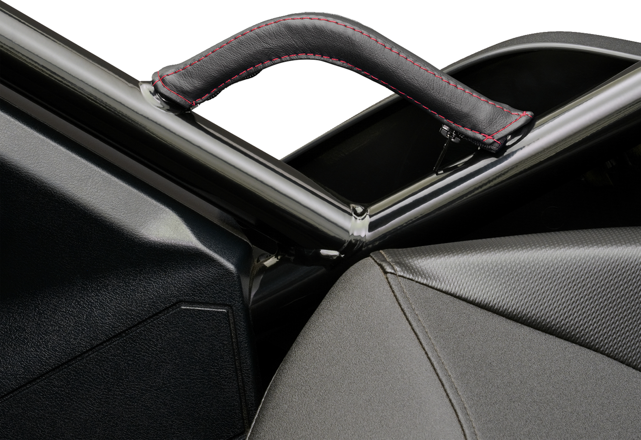 Bill's Exhausts Show Chrome engine grab handle cover with red stitching, designed for a stylish and durable fit.