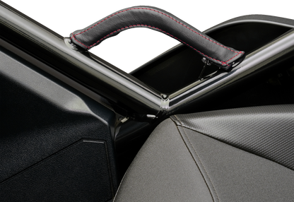 Bill's Exhausts Show Chrome engine grab handle cover with red stitching, designed for a stylish and durable fit.