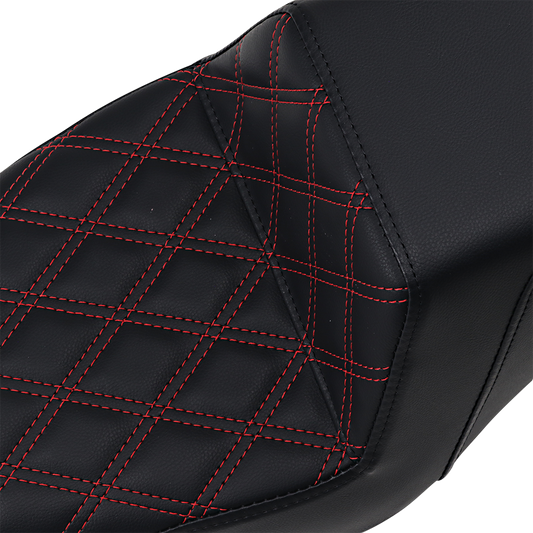 Black SADDLEMEN Step-Up Seat with red stitching and lattice design, front view, XL size, for motorcycle, by Bill's Exhausts.