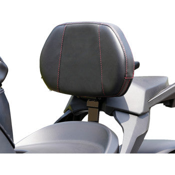 Bill's Exhausts SHOW CHROME Grande Backrest for Ryker, driver seat with ballistic red stitching, chrome finish, and padded support.