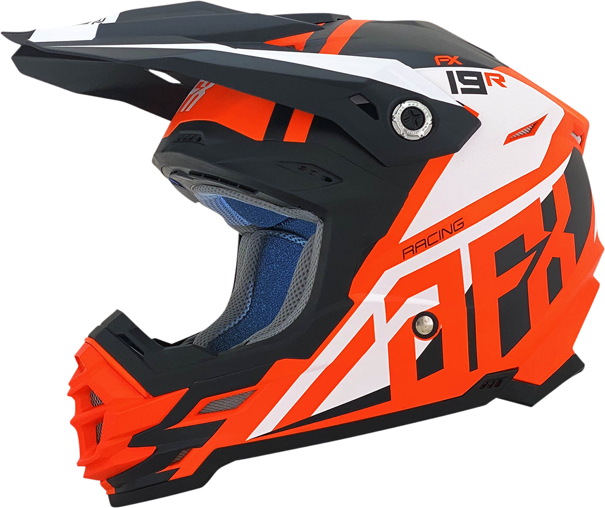 Bill's Exhausts AFX FX-19R racing helmet in matte orange, large size, with aerodynamic design and secure chin strap.