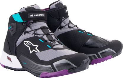 Alpinestars Stella CR-X Drystar shoes in black, gray, teal, and purple, US size 5.5, featuring a sporty, protective design.