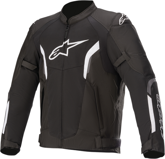Alpinestars AST Air v2 motorcycle jacket in black and white, medium size, featuring protective armor and ventilation panels.