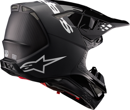 Alpinestars Supertech M10 motorcycle helmet in black and dark gray with MIPS® protection, medium size, shown from side angle.