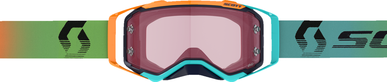 Bill's Exhausts Scott Prospect Amplifier Goggle in blue and orange with rose tinted lenses, designed for motocross and off-road riding.