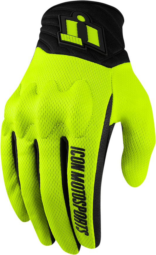 Bill's Exhausts ICON Anthem 2 CE™ Hi-Vis gloves in small size, showing bright safety gloves with textured palms and adjustable wrist straps.