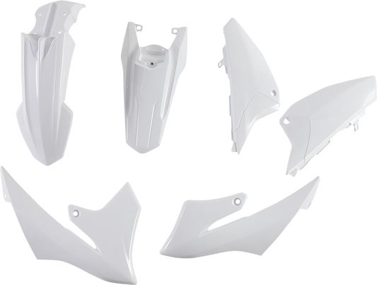 A white Acerbis standard replacement body kit for motorcycles, designed by Bill's Exhausts, showing the full set of body panels.