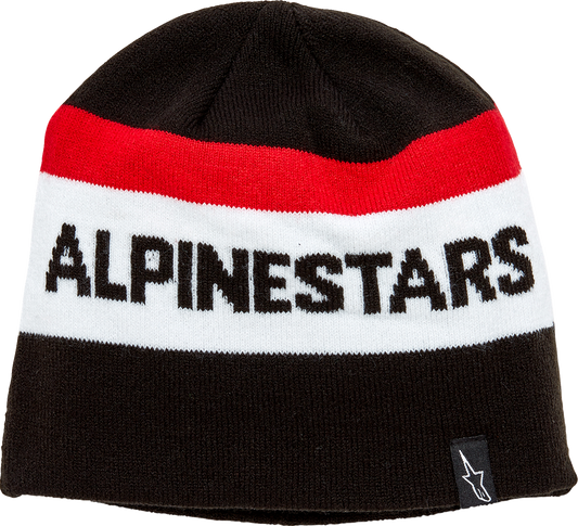 Black Alpinstars Stake Beanie, a snug knit hat in one size, featuring subtle branding and a cozy design.
