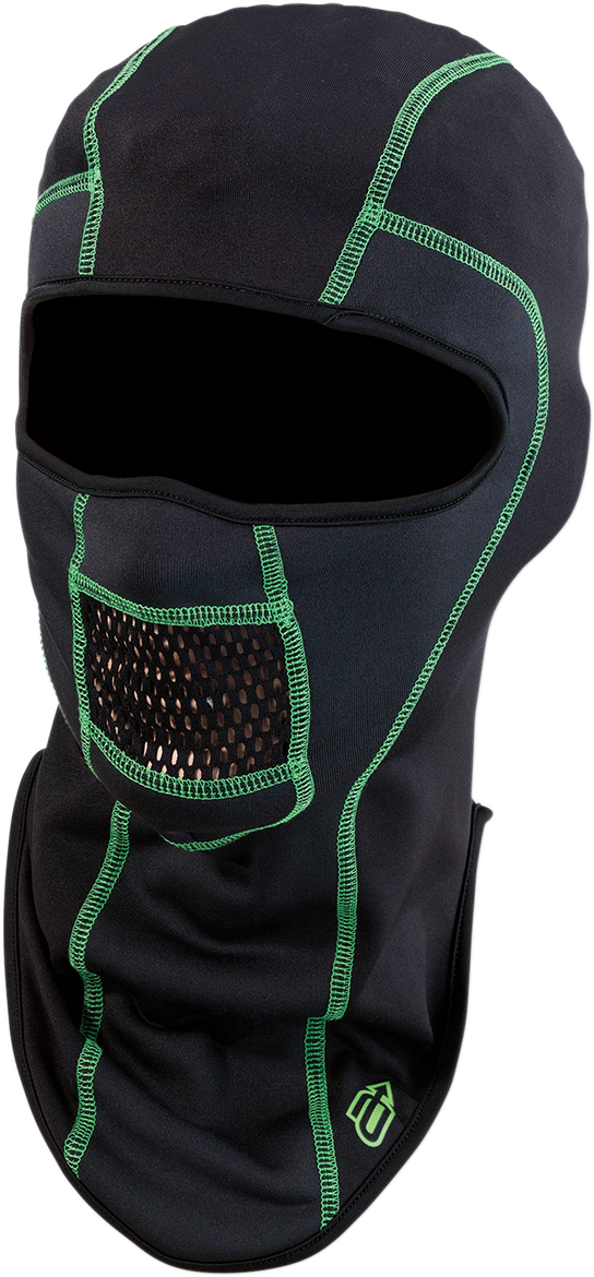 Bill's Exhausts ARCTIVA Balaclava Pro Stretch in black and green, small/medium size, made of lightweight, breathable fabric.