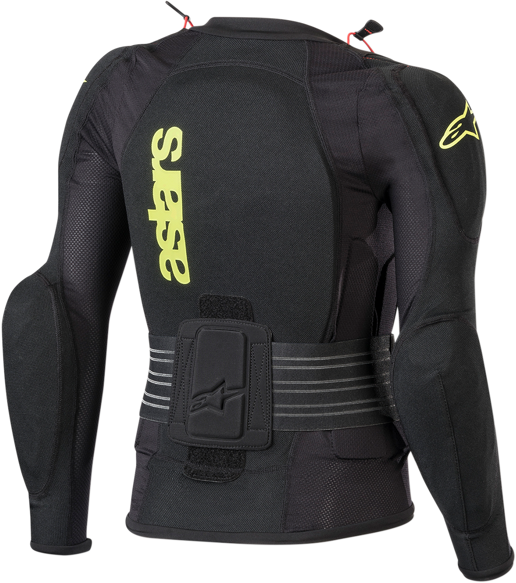 Alpinestars Youth Bionic Plus protective jacket in black and fluo yellow, size large/XL, with visible armor and adjustable straps.