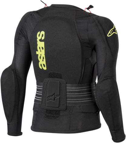 Alpinestars Youth Bionic Plus protective jacket in black and fluo yellow, size large/XL, with visible armor and adjustable straps.