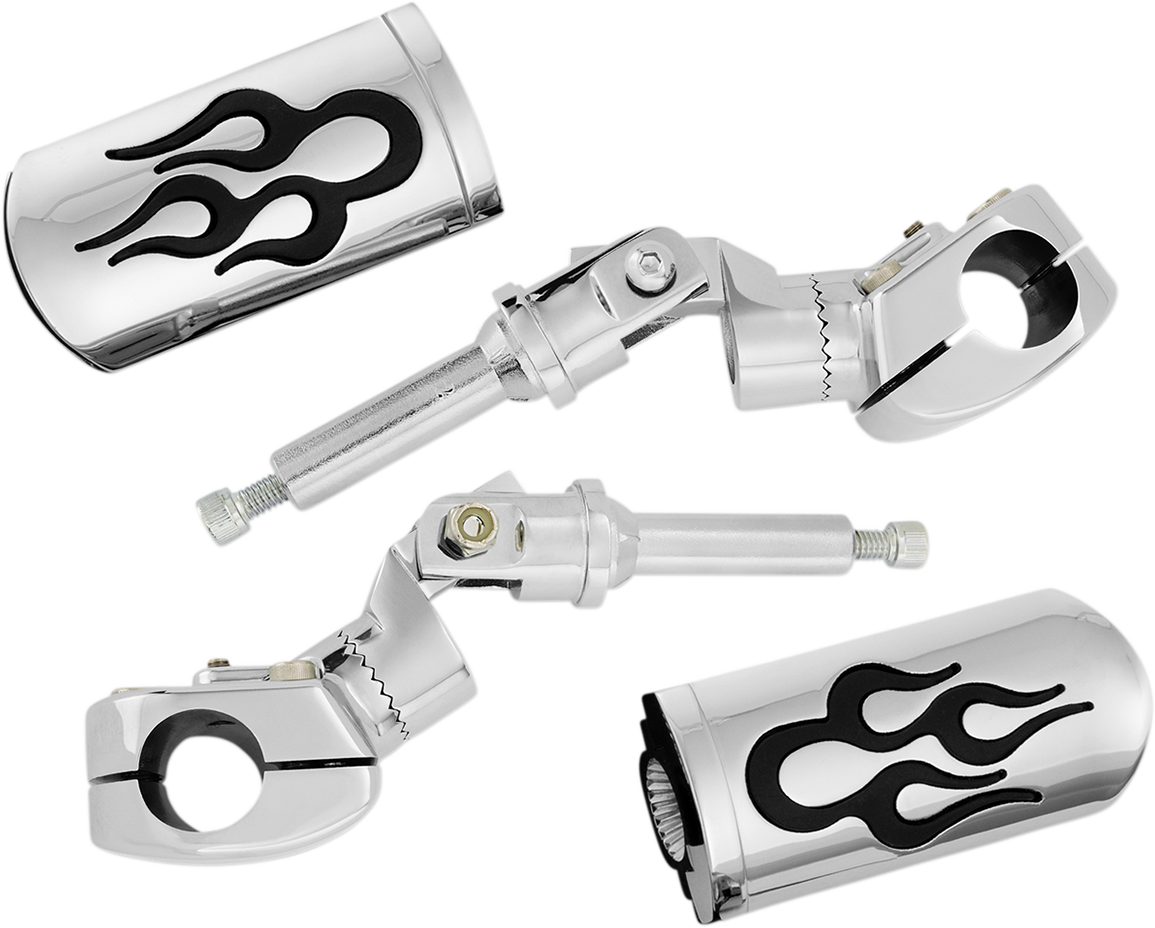 Bill's Exhausts SHOW CHROME Highway Pegs Flame style mounted on a Honda GL1800 engine for motorcycle touring.