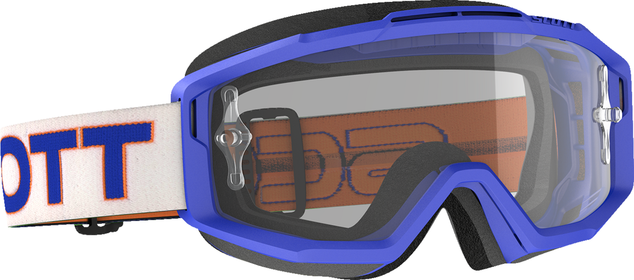 Scott Split OTG Goggles in blue and white with clear lenses, designed for engine protection and comfortable fit.
