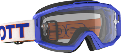 Scott Split OTG Goggles in blue and white with clear lenses, designed for engine protection and comfortable fit.