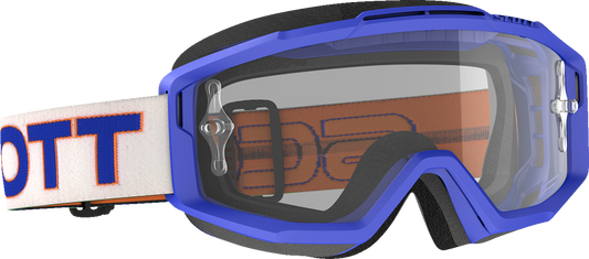 Scott Split OTG Goggles in blue and white with clear lenses, designed for engine protection and comfortable fit.