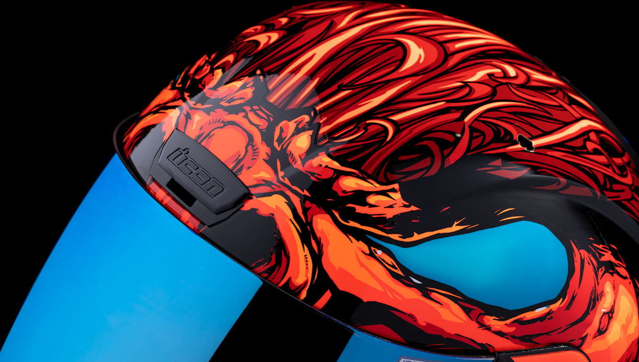 Bill's Exhausts ICON Airform™ helmet in red, XL size, featuring MIPS® safety technology and sleek helmet design.