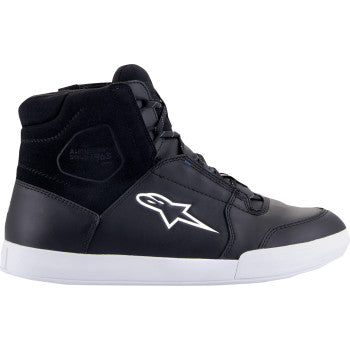 Alpinestars Chrome waterproof shoes in black and white with racing-style design, US size 7, outdoor footwear for motorcycling or casual wear.