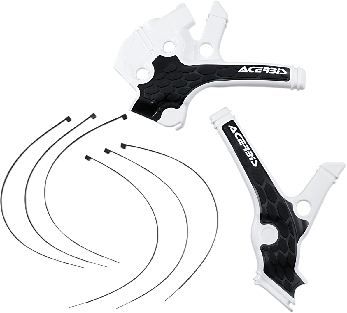 Acerbis X-Grip Frame Guards in black and white attached to motorcycle frame for protection and style.