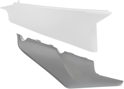 Acerbis white and gray motorcycle side body panels, featuring sleek design and mounting points for a custom fit.
