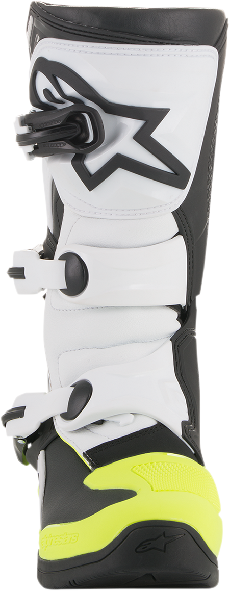 Alpinestars Tech 3S motorcycle boots in black, white, and fluorescent yellow, US size 3, displayed on a plain background.