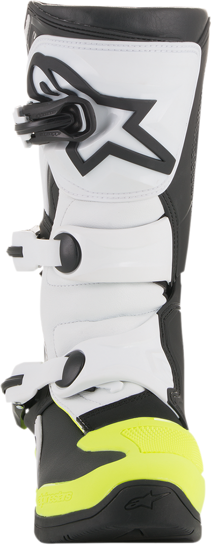 Alpinestars Tech 3S motorcycle boots in black, white, and fluorescent yellow, US size 3, displayed on a plain background.