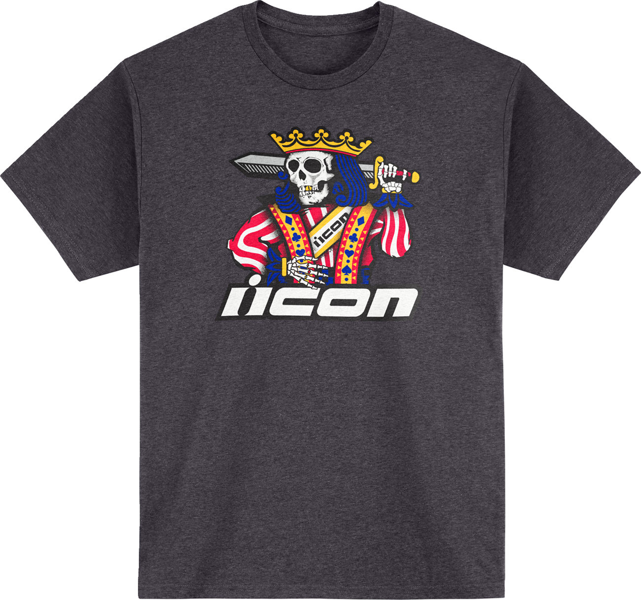Bill's Exhausts ICON Suicide King T-Shirt in Heather Charcoal, small size, featuring a graphic design on the front.