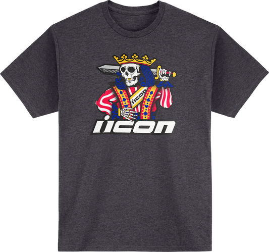 Bill's Exhausts ICON Suicide King T-Shirt in Heather Charcoal, small size, featuring a graphic design on the front.