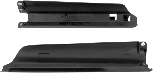 Acerbis black lower fork covers for motorcycle suspension, showcasing sleek black body protection with brand-specific design.
