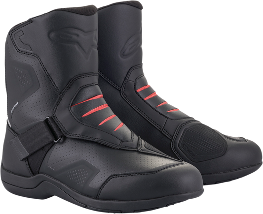 Black Alpinstars Waterproof V2 Ridge Boots in US 9 / EU 43 with sturdy leather and waterproof design, suitable for motorcycle riding.