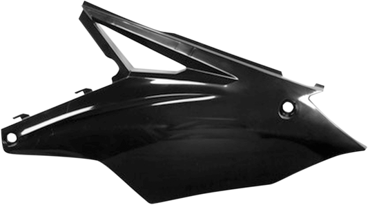 A set of black Acerbis body side panels for motorcycles, featuring sleek design and mounting points, branded by Bill's Exhausts.