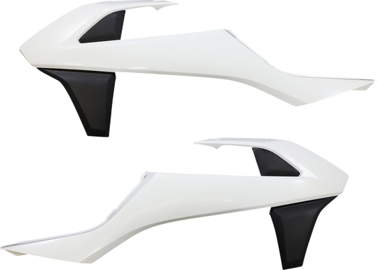 A set of white and black Acerbis radiator shrouds for motorcycle body protection, featuring sleek design and brand branding.