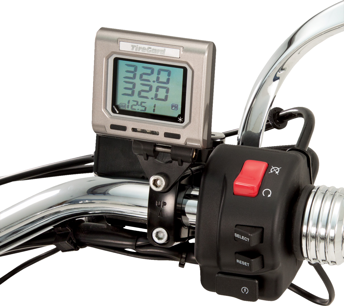 Bill's Exhausts Show Chrome handlebar tire pressure monitor system engine part with display and control buttons.