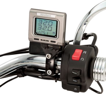 Bill's Exhausts Show Chrome handlebar tire pressure monitor system engine part with display and control buttons.
