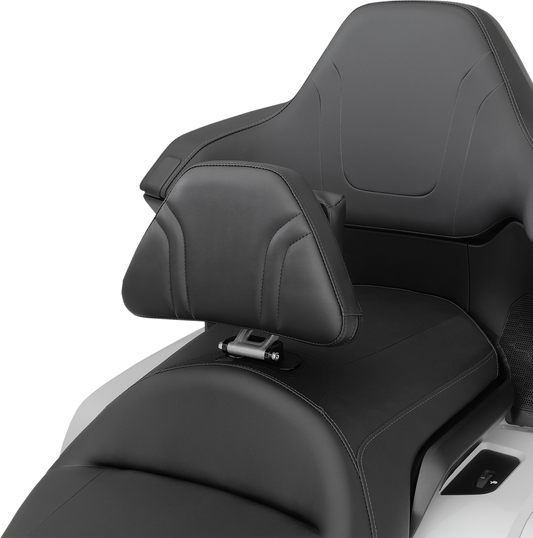 Chrome detachable smart mount backrest for Honda GL1800 engine by Bill's Exhausts, showing the sturdy, chrome-plated backrest attachment.