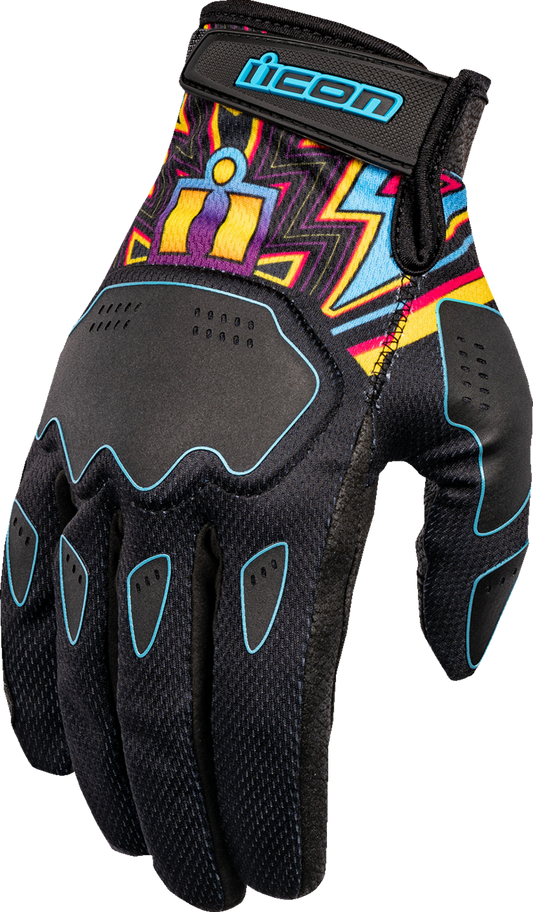 Black ICON Hooligan Lucky Lid Gloves in 2XL size featuring durable fabric and padded knuckles, designed for motorcycle riding.