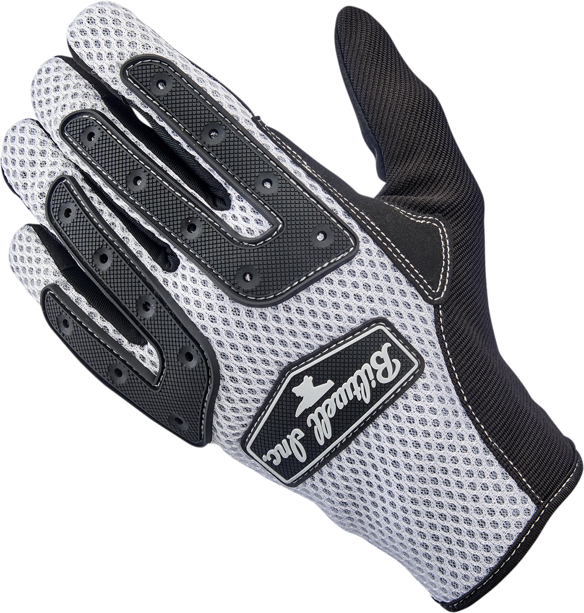 White BILTWELL Anza gloves in 2XL size, showing the stylish design and material of Bill's Exhausts motorcycle riding gloves.