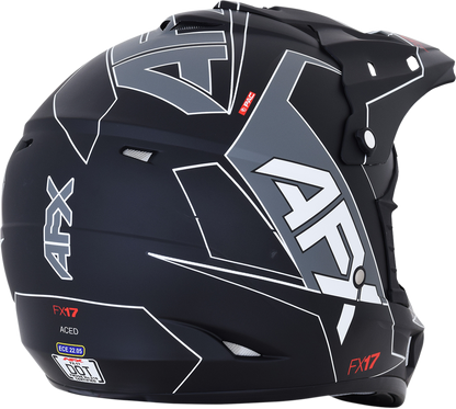 AFX FX-17 motorcycle helmet by Bill's Exhausts, matte black and white finish, large size, with sleek aerodynamic design.