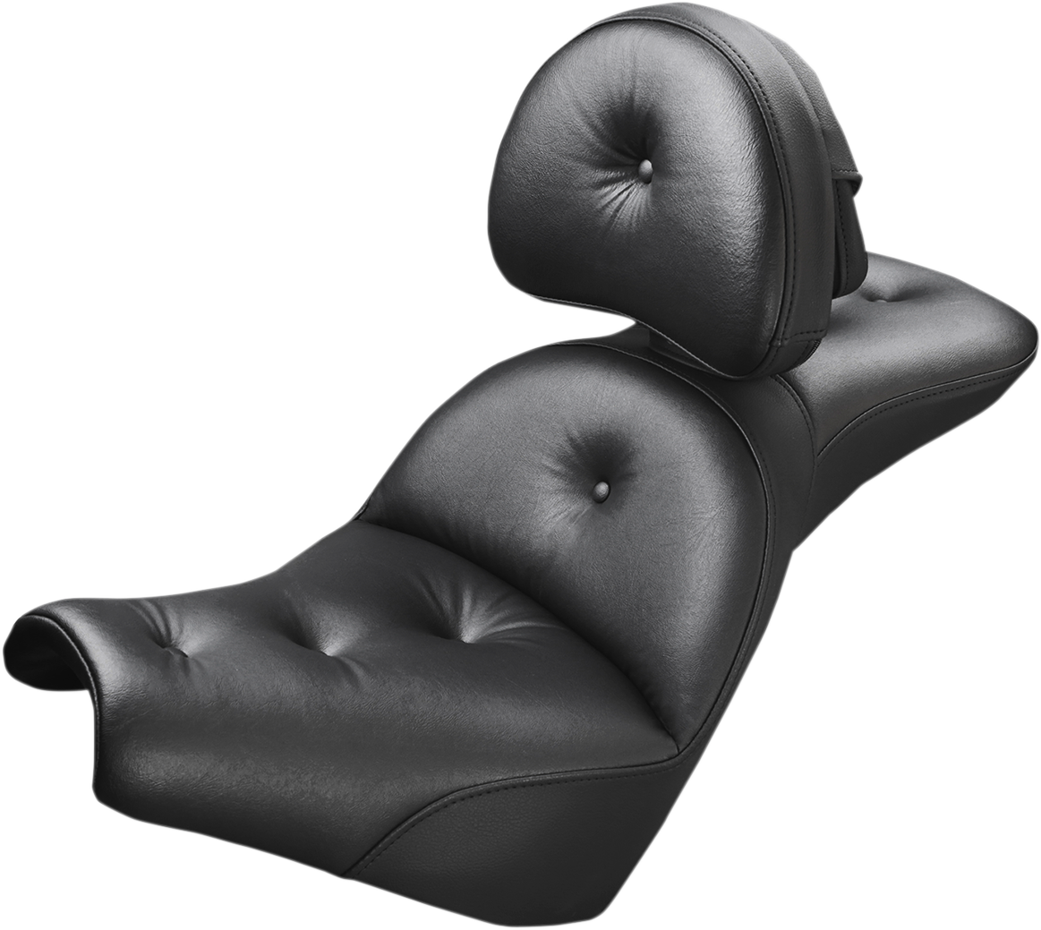 SADDLEMEN Explorer Road Sofa Seat with backrest, designed for motorcycle comfort, shown with detailed stitching and support features.