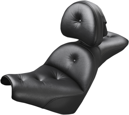 SADDLEMEN Explorer Road Sofa Seat with backrest, designed for motorcycle comfort, shown with detailed stitching and support features.