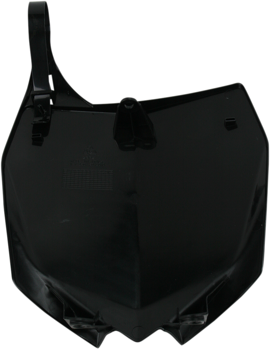 Acerbis black front number plate for motorcycle, body-mounted, with sleek design and mounting points visible.