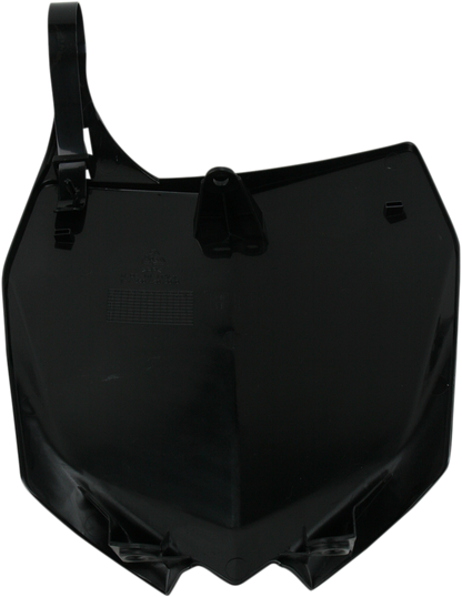 Acerbis black front number plate for motorcycle, body-mounted, with sleek design and mounting points visible.